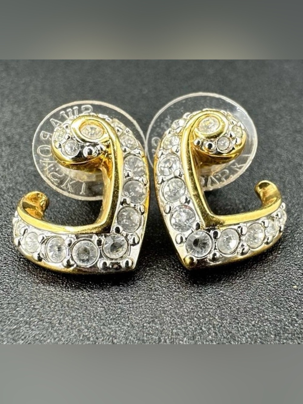 Vintage Swarovski Pierced Earrings Faux Diamonds Gold Tone Open Heart Rhinestone